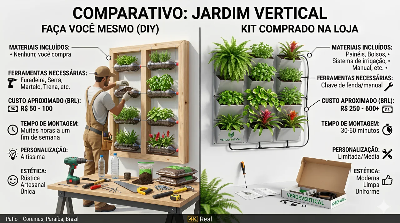 Comparação entre kit de jardim vertical pronto e montagem DIY custo benefício