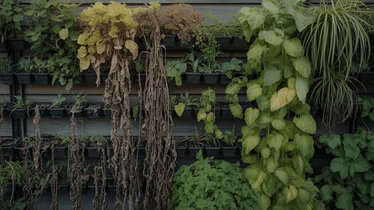 jardim vertical com plantas murchas por erro de montagem e irrigação